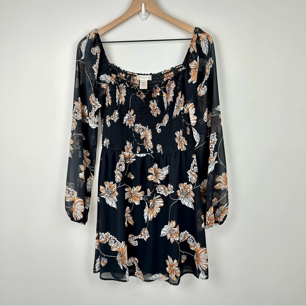 Altar'd State Black Floral Sheer Sleeve Mini Sundress, M